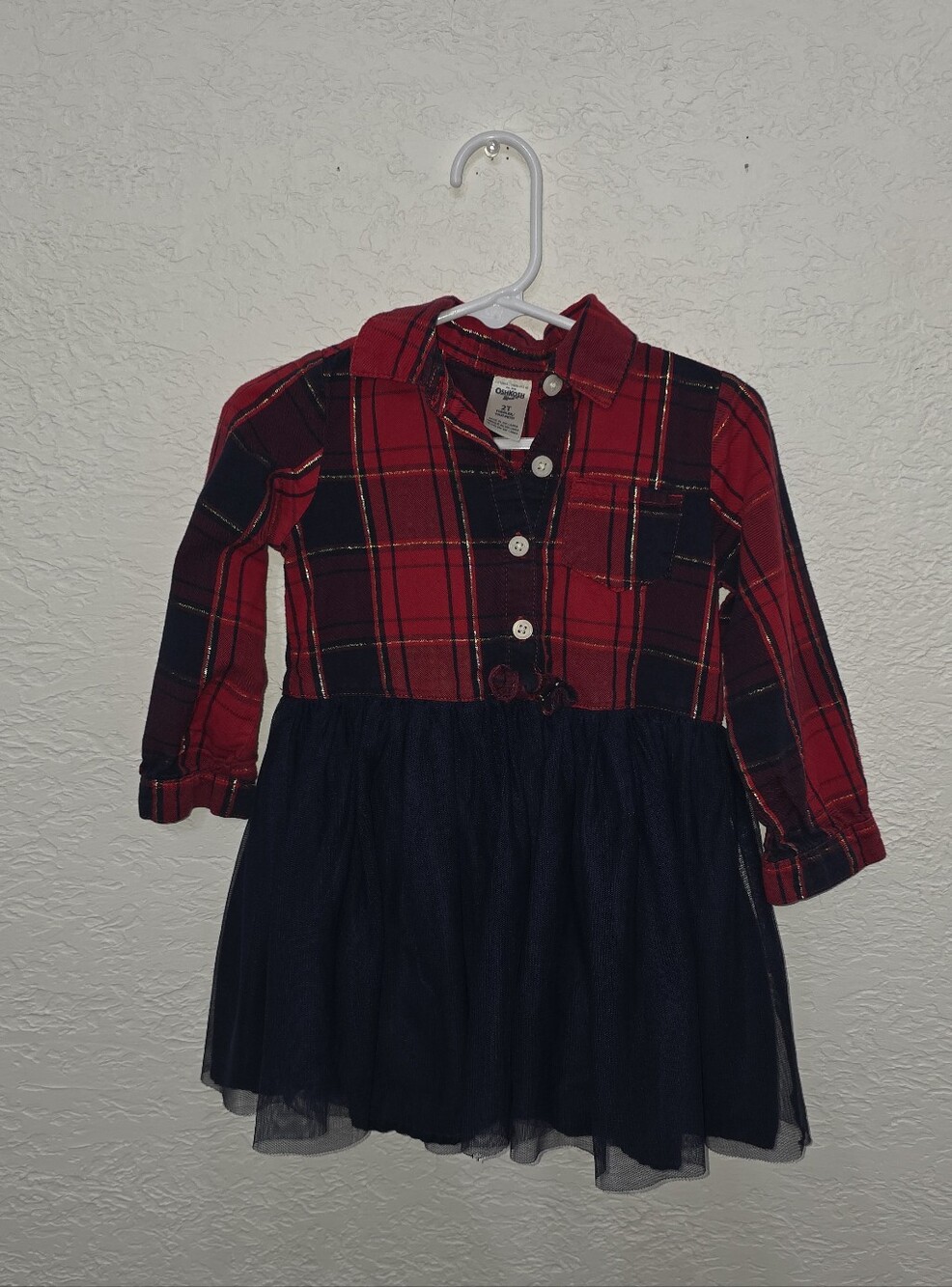 OshKosh B'gosh Red Plaid Shirt Dress with Navy Tulle Skirt 2t